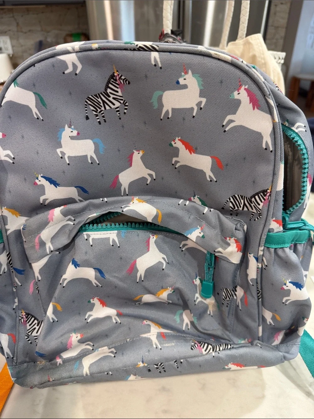 Crate&Barrel Gray Kids Backpack with Unicorn and Teal Accents